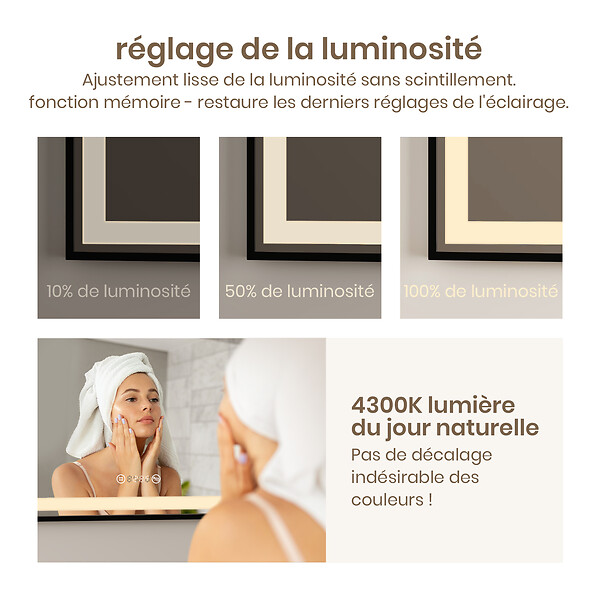 EMKE - EMKE Miroir lumineux salle de bain 120x70cm, Cadre noir, Miroir LED avec Interrupteur Tactile, Anti-buée, Horloge et Température, Lumière Neutre - large