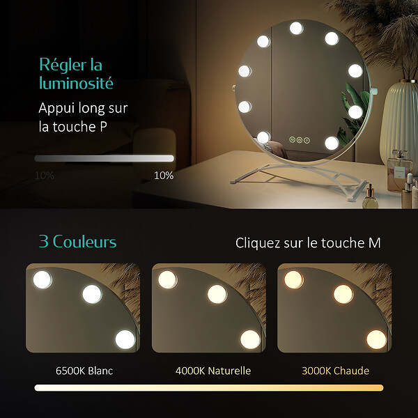 EMKE - EMKE Hollywood miroir de courtoisie avec lumière, 47x40cm rond blanc, miroir de coiffeuse pivotant à 360°, avec 3 lumières dimmables - large