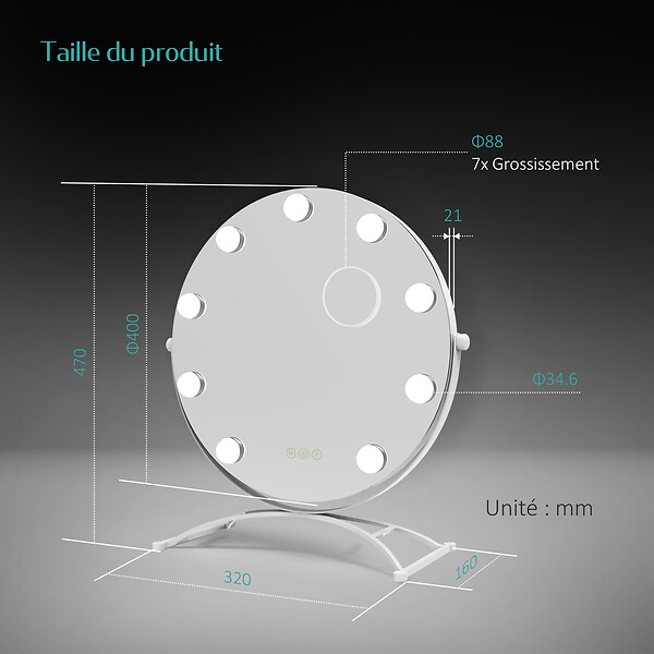 EMKE - EMKE Hollywood miroir de courtoisie avec lumière, 47x40cm rond blanc, miroir de coiffeuse pivotant à 360°, avec 3 lumières dimmables - large
