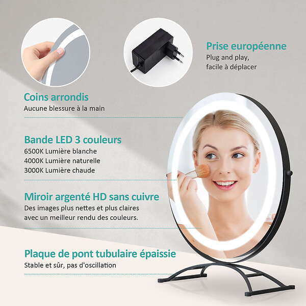 EMKE - EMKE LED Hollywood Miroir de Maquillage Rond avec Interrupteur Tactile Dimmable 3 Couleurs claires 360° Rotatif, Noir Diamètre 40cm - large