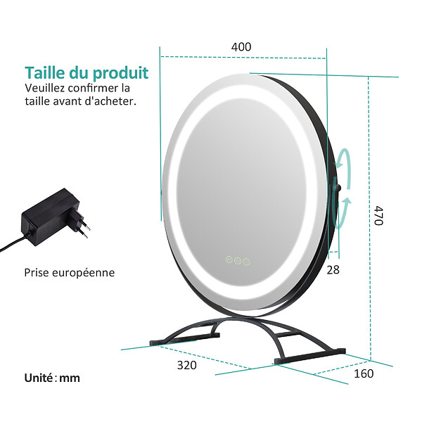 EMKE - EMKE LED Hollywood Miroir de Maquillage Rond avec Interrupteur Tactile Dimmable 3 Couleurs claires 360° Rotatif, Noir Diamètre 40cm - large