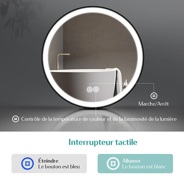 EMKE - EMKE Miroir lumineux salle de bain rond diamètre 60cm cadre noir, Sangle réglable, Miroir LED avec Interrupteur Tactile, Lumière Froide/Chaude/Neutre - large