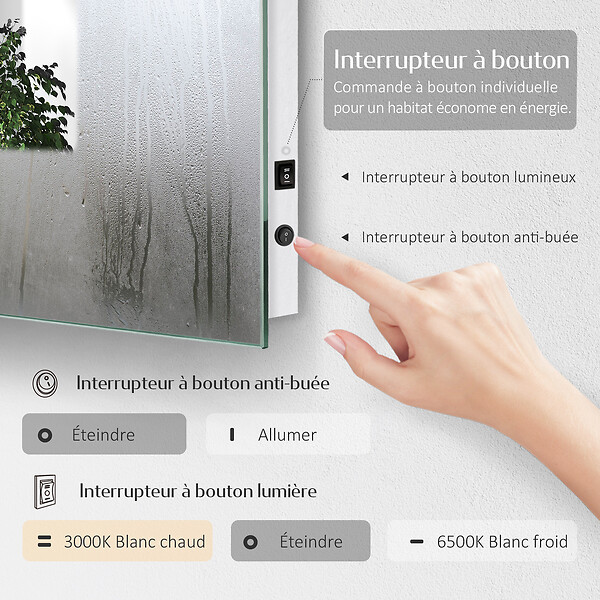 EMKE - EMKE Miroir lumineux salle de bain 120x60cm, Miroir LED avec Interrupteur à bouton, Anti-buée, Miroir avec éclairage lumière Blanche Froide/Chaude - large
