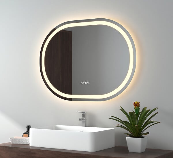 EMKE - EMKE Miroir lumineux salle de bain ovale 80x60cm, Miroir LED avec Interrupteur Tactile, Anti-buée, Miroir avec éclairage Lumière Froide/Chaude/Neutre - large