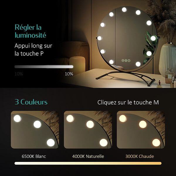 EMKE - EMKE Hollywood miroir de courtoisie avec lumière, 50x58cm rond noir, miroir de coiffeuse pivotant à 360°, avec 3 lumières dimmables - large