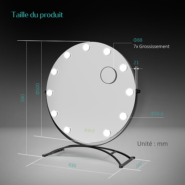 EMKE - EMKE Hollywood miroir de courtoisie avec lumière, 50x58cm rond noir, miroir de coiffeuse pivotant à 360°, avec 3 lumières dimmables - large