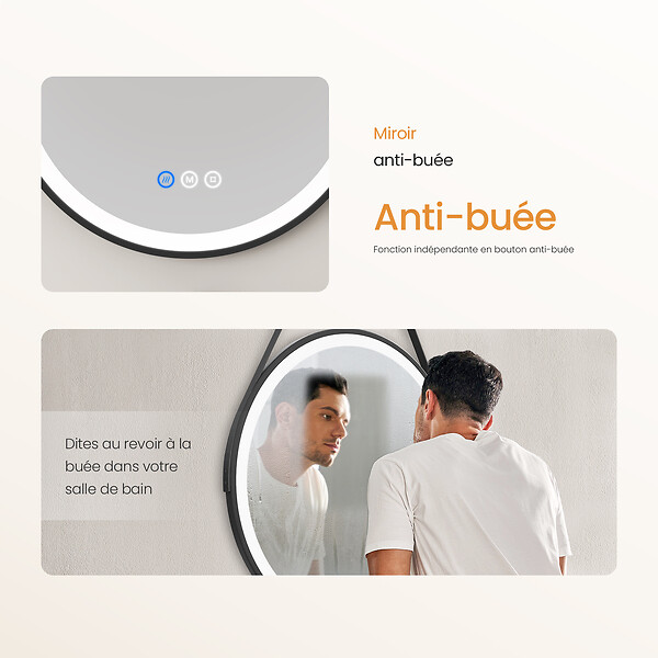 EMKE - EMKE Miroir lumineux salle de bain rond diamètre 50cm cadre noir, Sangle réglable, Miroir LED, Interrupteur Tactile, Anti-buée, 3 couleurs Lumières - large