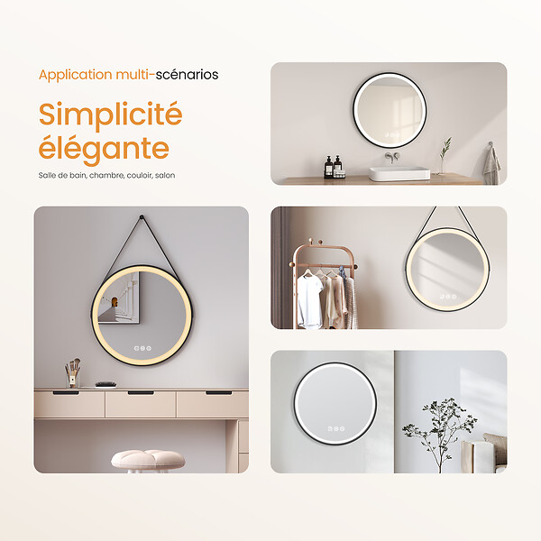 EMKE - EMKE Miroir lumineux salle de bain rond diamètre 50cm cadre noir, Sangle réglable, Miroir LED, Interrupteur Tactile, Anti-buée, 3 couleurs Lumières - large