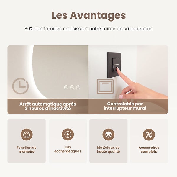 EMKE - EMKE Miroir salle de bain avec éclairage, Miroir asymétrique LED, anti-buée, interrupteur tactile, 3 couleurs de lumière réglable, , 75 x 55 cm - large