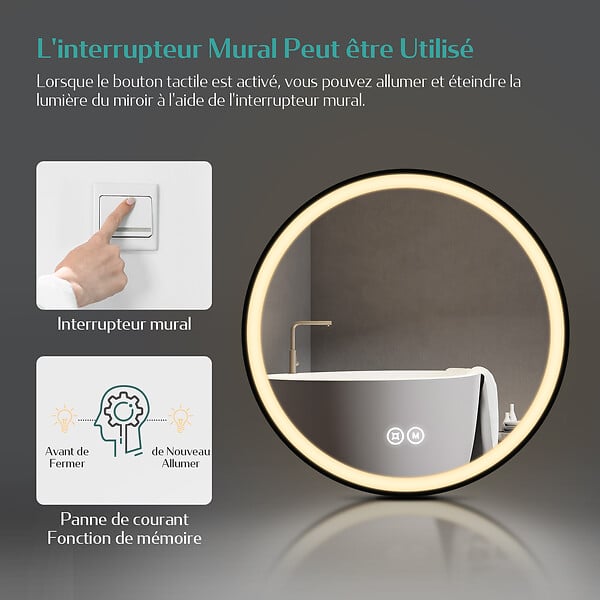 EMKE - EMKE Miroir lumineux salle de bain rond diamètre 70cm cadre noir, Sangle réglable, Miroir LED avec Interrupteur Tactile, Lumière Froide/Chaude/Neutre - large