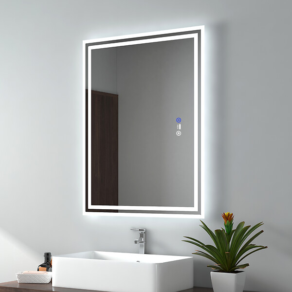 EMKE - EMKE Miroir lumineux salle de bain 60x80cm avec Capteur de Mouvement, Miroir LED à capteur intelligent, Anti-buée, Lumière Froide/Chaude/Neutre - large