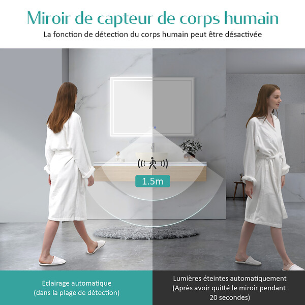 EMKE - EMKE Miroir lumineux salle de bain 60x80cm avec Capteur de Mouvement, Miroir LED à capteur intelligent, Anti-buée, Lumière Froide/Chaude/Neutre - large