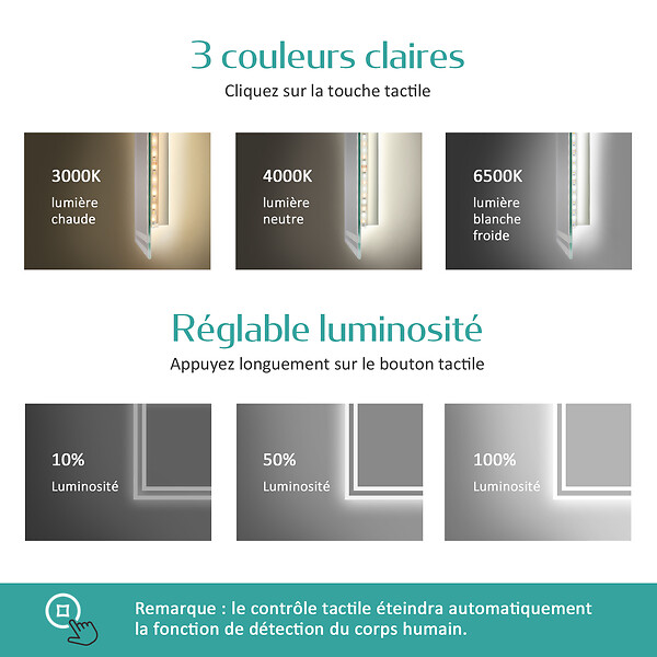 EMKE - EMKE Miroir lumineux salle de bain 60x80cm avec Capteur de Mouvement, Miroir LED à capteur intelligent, Anti-buée, Lumière Froide/Chaude/Neutre - large