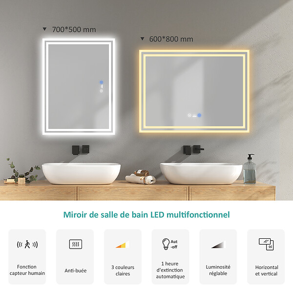 EMKE - EMKE Miroir lumineux salle de bain 60x80cm avec Capteur de Mouvement, Miroir LED à capteur intelligent, Anti-buée, Lumière Froide/Chaude/Neutre - large