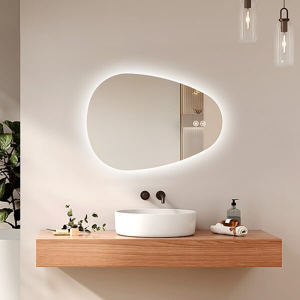 EMKE - EMKE Miroir Salle de Bain avec Éclairage, 80 x 60 cm, Miroir LED Asymétrique, Interrupteur Tactile, 3 Couleurs de Lumière Réglables, Miroir Anti-Buée - large