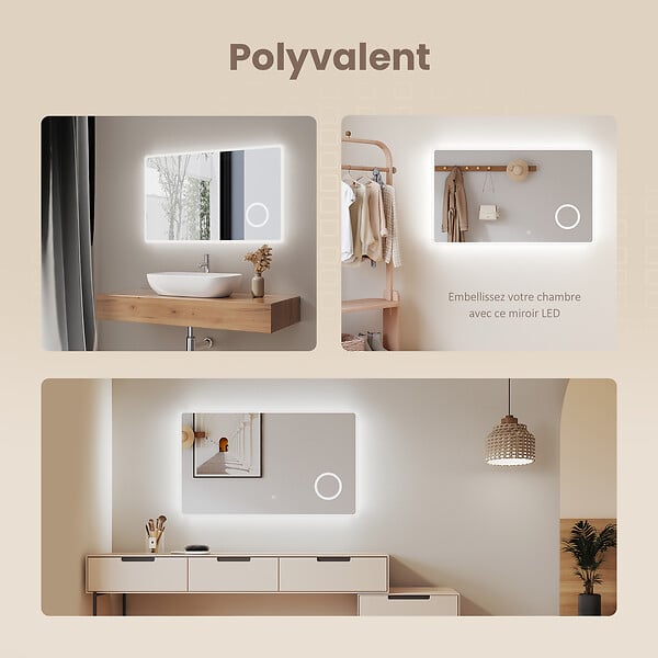 EMKE - EMKE Miroir lumineux salle de bain 100x60cm, Miroir LED avec Interrupteur Tactile, 3x Grossissement, Miroir avec éclairage Lumière Blanche Froide - large