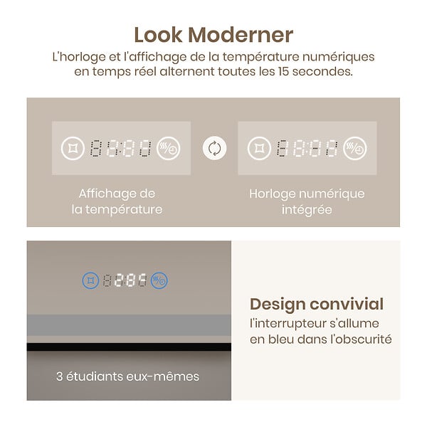 EMKE - EMKE Miroir lumineux salle de bain 100x70cm, Cadre noir, Miroir LED avec Interrupteur Tactile, Anti-buée, Horloge et Température, Lumière Neutre - large