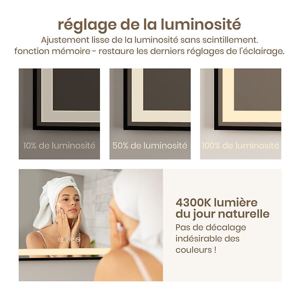 EMKE - EMKE Miroir lumineux salle de bain 100x70cm, Cadre noir, Miroir LED avec Interrupteur Tactile, Anti-buée, Horloge et Température, Lumière Neutre - large