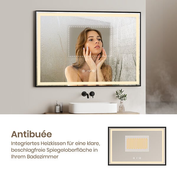 EMKE - EMKE Miroir lumineux salle de bain 100x70cm, Cadre noir, Miroir LED avec Interrupteur Tactile, Anti-buée, Horloge et Température, Lumière Neutre - large