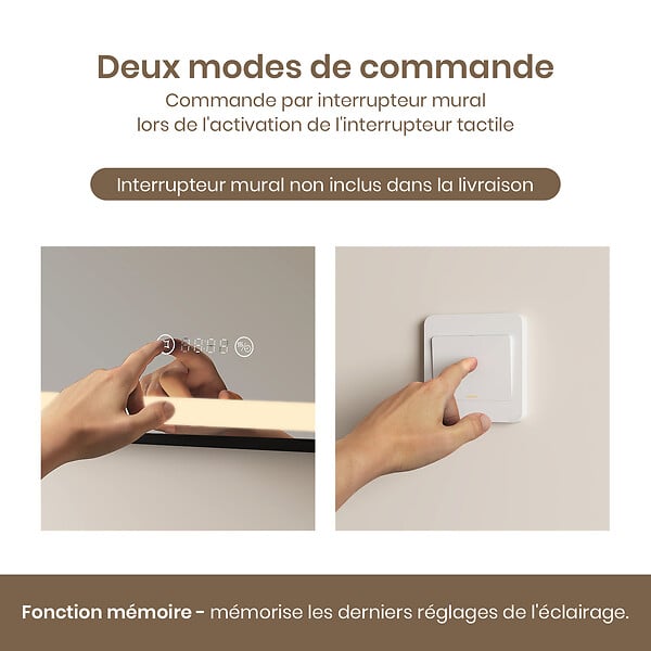 EMKE - EMKE Miroir lumineux salle de bain 100x70cm, Cadre noir, Miroir LED avec Interrupteur Tactile, Anti-buée, Horloge et Température, Lumière Neutre - large