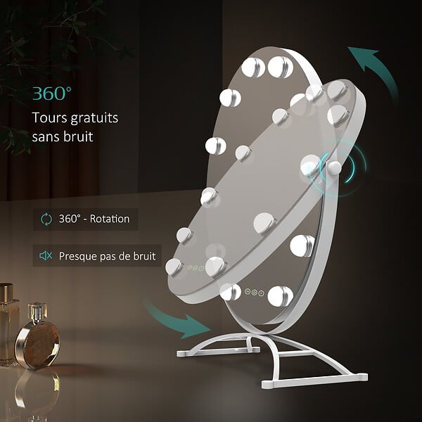 EMKE - EMKE Hollywood miroir de courtoisie avec lumière, 50x58cm rond blanc, miroir de coiffeuse pivotant à 360°, avec 3 lumières dimmables - large