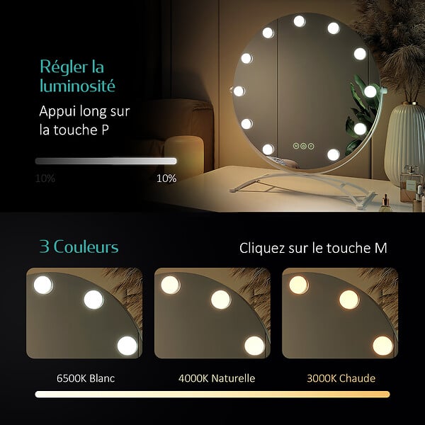 EMKE - EMKE Hollywood miroir de courtoisie avec lumière, 50x58cm rond blanc, miroir de coiffeuse pivotant à 360°, avec 3 lumières dimmables - large