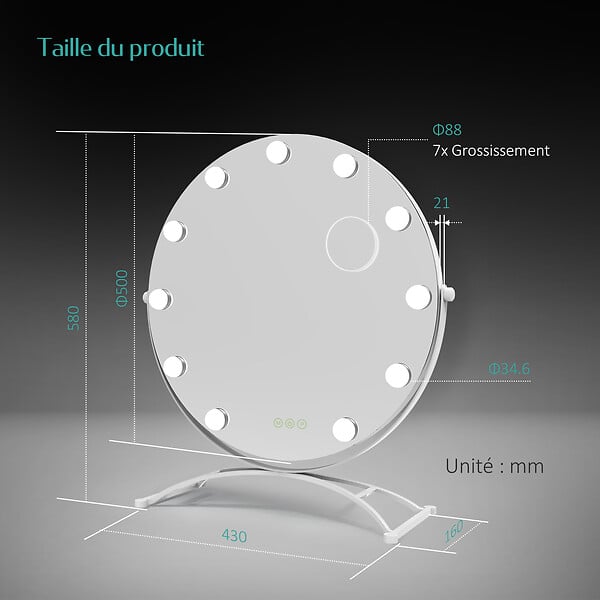 EMKE - EMKE Hollywood miroir de courtoisie avec lumière, 50x58cm rond blanc, miroir de coiffeuse pivotant à 360°, avec 3 lumières dimmables - large