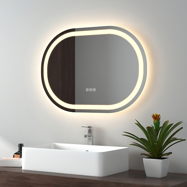 EMKE - EMKE Miroir lumineux salle de bain ovale 70x50cm, Miroir LED avec Interrupteur Tactile, Anti-buée, Miroir avec éclairage Lumière Froide/Chaude/Neutre - large