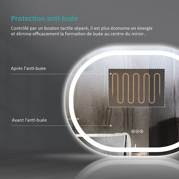 EMKE - EMKE Miroir lumineux salle de bain ovale 70x50cm, Miroir LED avec Interrupteur Tactile, Anti-buée, Miroir avec éclairage Lumière Froide/Chaude/Neutre - large