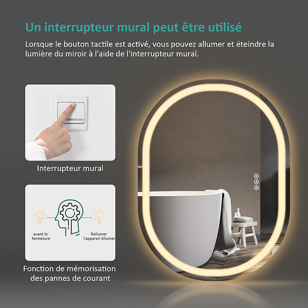 EMKE - EMKE Miroir lumineux salle de bain ovale 70x50cm, Miroir LED avec Interrupteur Tactile, Anti-buée, Miroir avec éclairage Lumière Froide/Chaude/Neutre - large