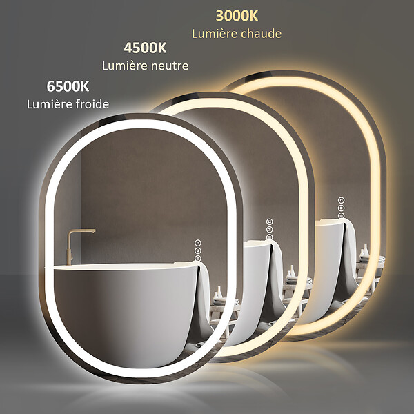 EMKE - EMKE Miroir lumineux salle de bain ovale 70x50cm, Miroir LED avec Interrupteur Tactile, Anti-buée, Miroir avec éclairage Lumière Froide/Chaude/Neutre - large