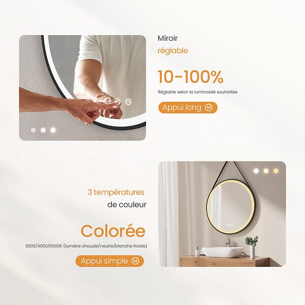 EMKE - EMKE Miroir lumineux salle de bain rond diamètre 80cm cadre noir, Sangle réglable, Miroir LED, Interrupteur Tactile, Anti-buée, 3 couleurs Lumières - large