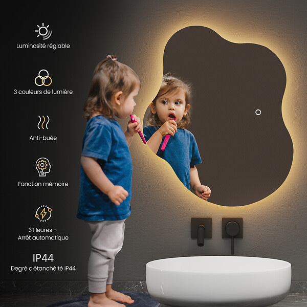 EMKE - EMKE Miroir lumineux salle de bain sans cadre 60x50cm , Miroir LED avec Interrupteur Tactile, Anti-buée, Miroir avec 3 couleurs de Lumières - large