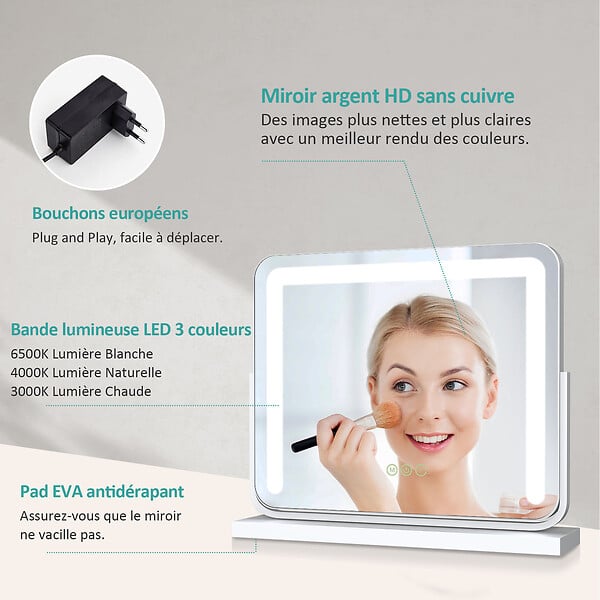 EMKE - EMKE Miroir cosmétique 50x41.6cm, avec 3 LED de couleur à intensité variable, miroir carré blanc orientable sur 360° - large