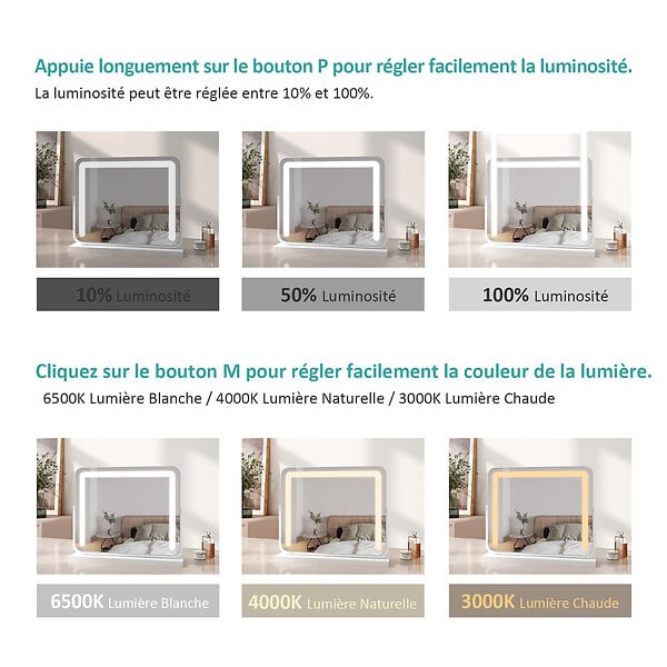 EMKE - EMKE Miroir cosmétique 50x41.6cm, avec 3 LED de couleur à intensité variable, miroir carré blanc orientable sur 360° - large