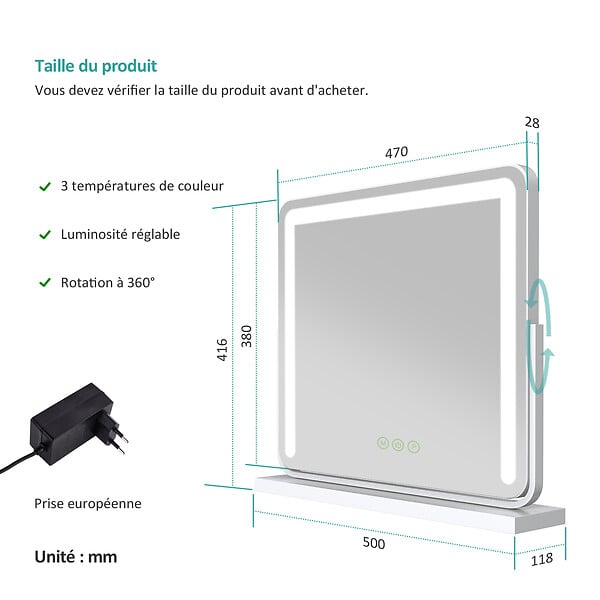 EMKE - EMKE Miroir cosmétique 50x41.6cm, avec 3 LED de couleur à intensité variable, miroir carré blanc orientable sur 360° - large