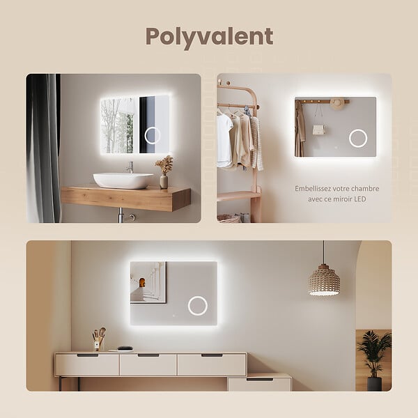EMKE - EMKE Miroir lumineux salle de bain 80x60cm, Miroir LED avec Interrupteur Tactile, 3x Grossissement, Miroir avec éclairage Lumière Blanche Froide - large
