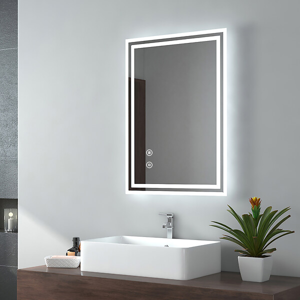 EMKE - EMKE Miroir lumineux salle de bain 50x60cm, Miroir avec l'éclairage, Interrupteur Tactile, Anti-buée, Miroir LED avec Lumière Blanche Froide - large