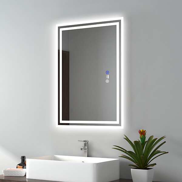 EMKE - EMKE Miroir lumineux salle de bain 50x70cm avec Capteur de Mouvement, Miroir LED à capteur intelligent, Anti-buée, Lumière Froide/Chaude/Neutre - large