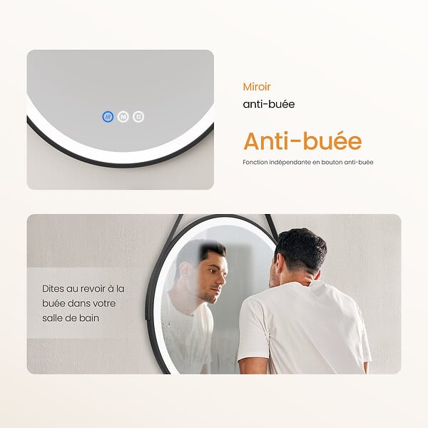EMKE - EMKE Miroir lumineux salle de bain rond diamètre 70cm cadre noir, Sangle réglable, Miroir LED, Interrupteur Tactile, Anti-buée, 3 couleurs Lumières - large
