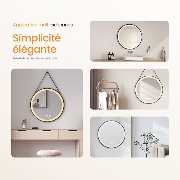 EMKE - EMKE Miroir lumineux salle de bain rond diamètre 70cm cadre noir, Sangle réglable, Miroir LED, Interrupteur Tactile, Anti-buée, 3 couleurs Lumières - large