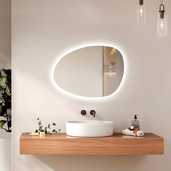 EMKE - EMKE Miroir salle de bain avec éclairage, Miroir asymétrique LED, anti-buée, interrupteur tactile, 3 couleurs de lumière réglable, 65 x 45 cm - large