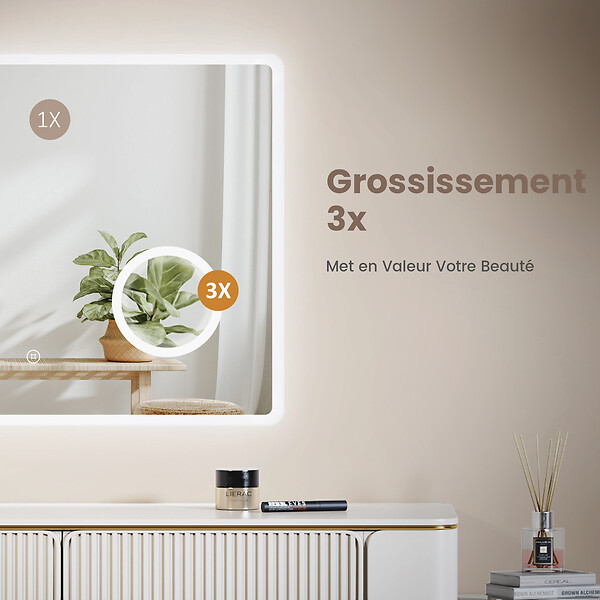 EMKE - EMKE Miroir lumineux salle de bain 100x60cm, Miroir LED avec Interrupteur Tactile, 3x Grossissement, Horloge, Lumière Blanche Froide/Chaude/Neutre - large