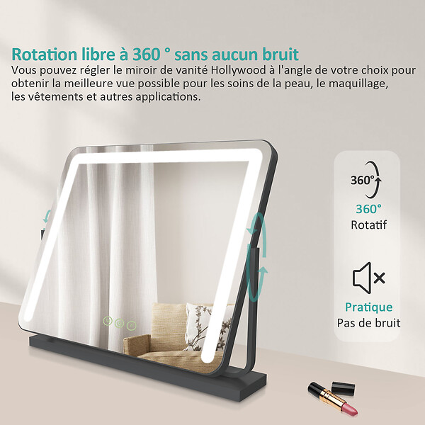 EMKE - EMKE Miroir cosmétique 50x41.6cm, avec 3 LED de couleur à intensité variable, miroir carré noir orientable sur 360° - large