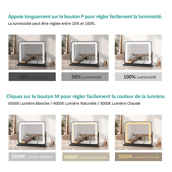 EMKE - EMKE Miroir cosmétique 50x41.6cm, avec 3 LED de couleur à intensité variable, miroir carré noir orientable sur 360° - large