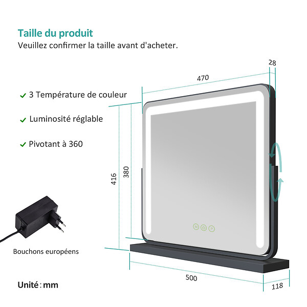 EMKE - EMKE Miroir cosmétique 50x41.6cm, avec 3 LED de couleur à intensité variable, miroir carré noir orientable sur 360° - large