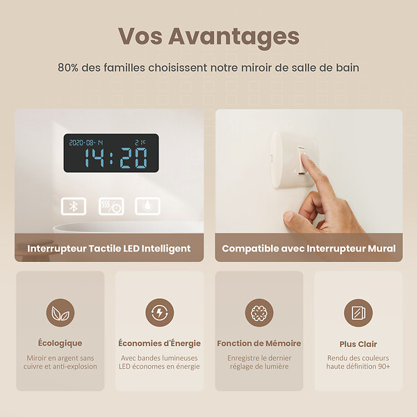 EMKE - EMKE Miroir lumineux salle de bain 100x60cm, Miroir LED avec Interrupteur Tactile, Anti-buée, Horloge, 3x Grossissement, Bluetooth, 3 couleurs de Lumières - large
