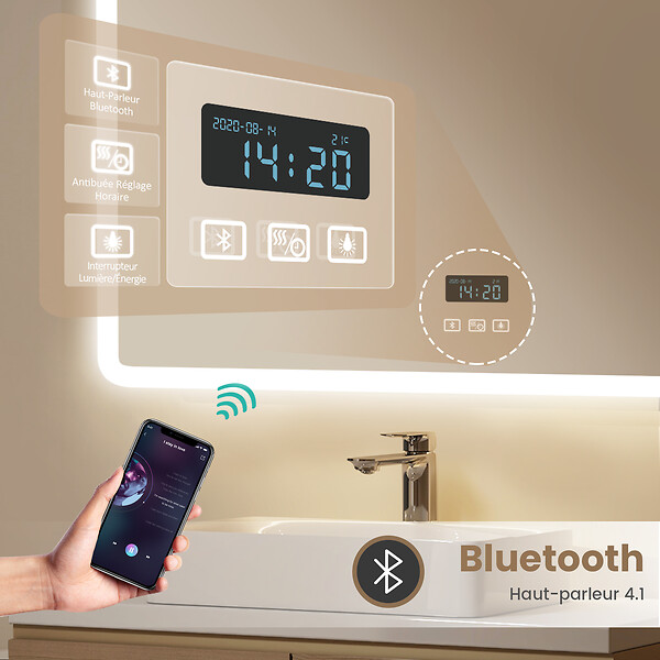 EMKE - EMKE Miroir lumineux salle de bain 100x60cm, Miroir LED avec Interrupteur Tactile, Anti-buée, Horloge, 3x Grossissement, Bluetooth, 3 couleurs de Lumières - large