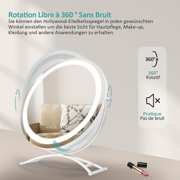 EMKE - EMKE LED Hollywood Miroir de Maquillage Rond avec Interrupteur Tactile Dimmable 3 Couleurs claires 360° Rotatif, Blanc  Diamètre 40cm - large