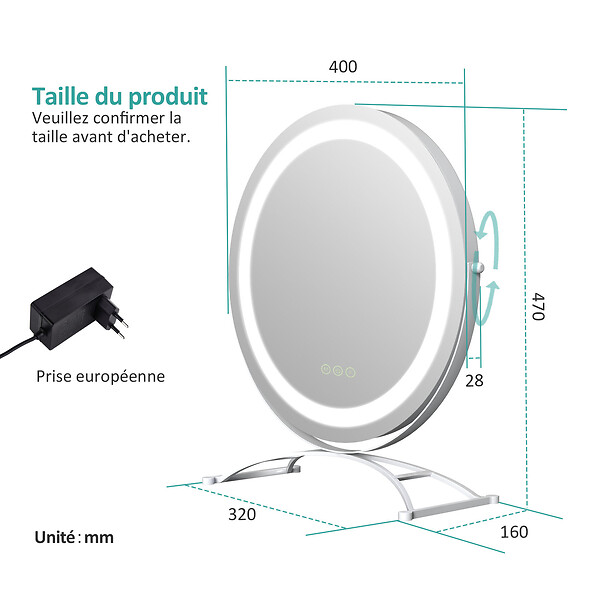 EMKE - EMKE LED Hollywood Miroir de Maquillage Rond avec Interrupteur Tactile Dimmable 3 Couleurs claires 360° Rotatif, Blanc  Diamètre 40cm - large